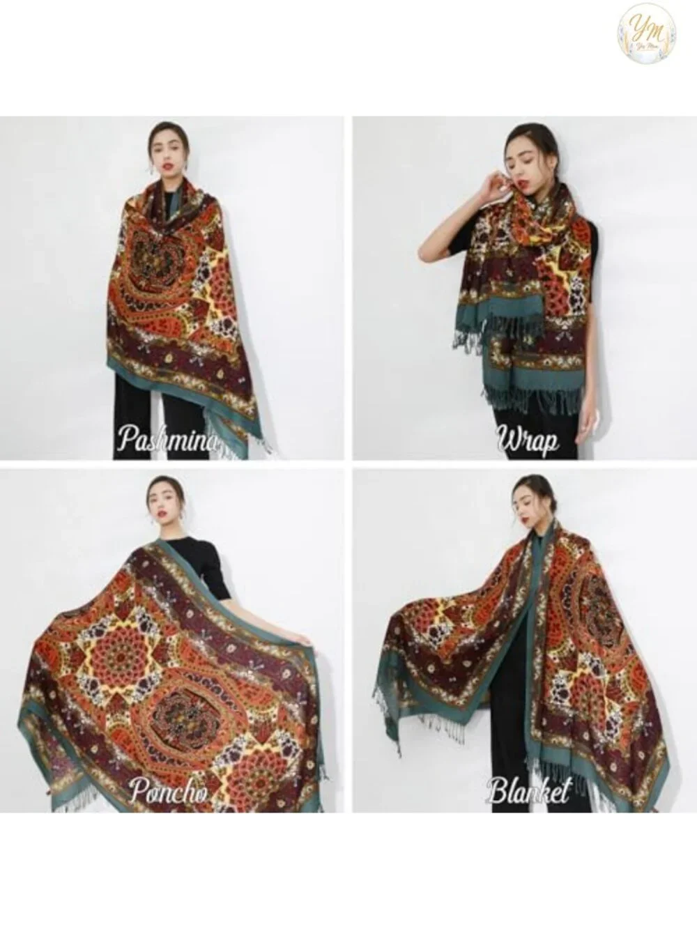 100% Merino Wool Pashmina Shawl Wrap Large Handmade Tassel Wraps for Women